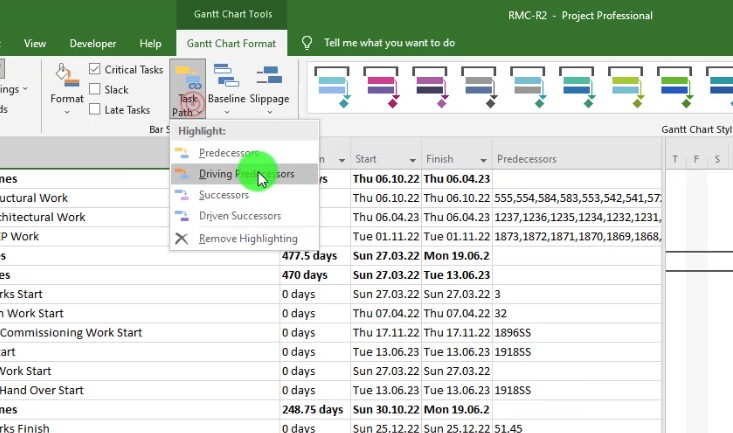 Ms project filter driving predecessors Figure 10