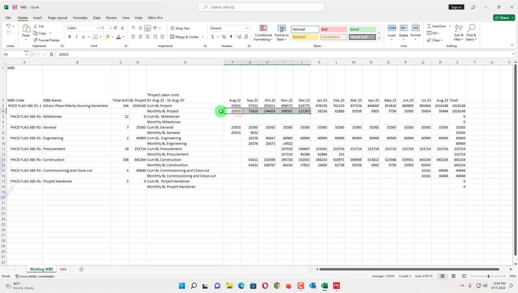 10. Excel sheet and create an S curve graph by selecting the data.