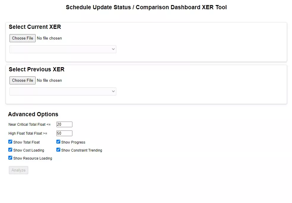 Insert Project Schedule Comparison Dashboard XER tool